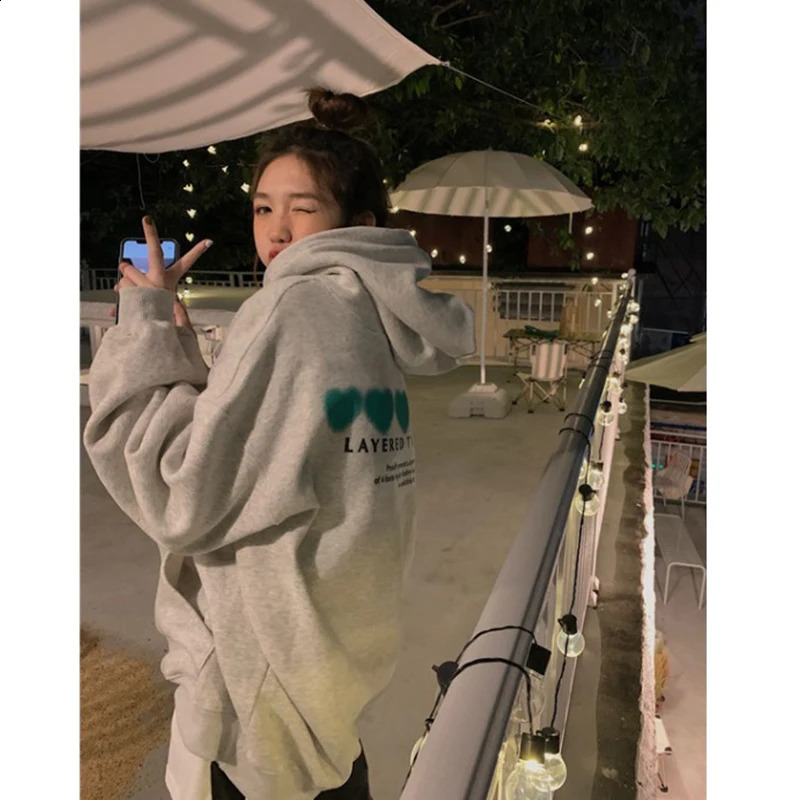 Womens Grey Fashion Letter Printing Bag Zipper Pocket Wool Thick Sweater Lazy Casual Lagrand Sleeve Hoodie Winter 240827