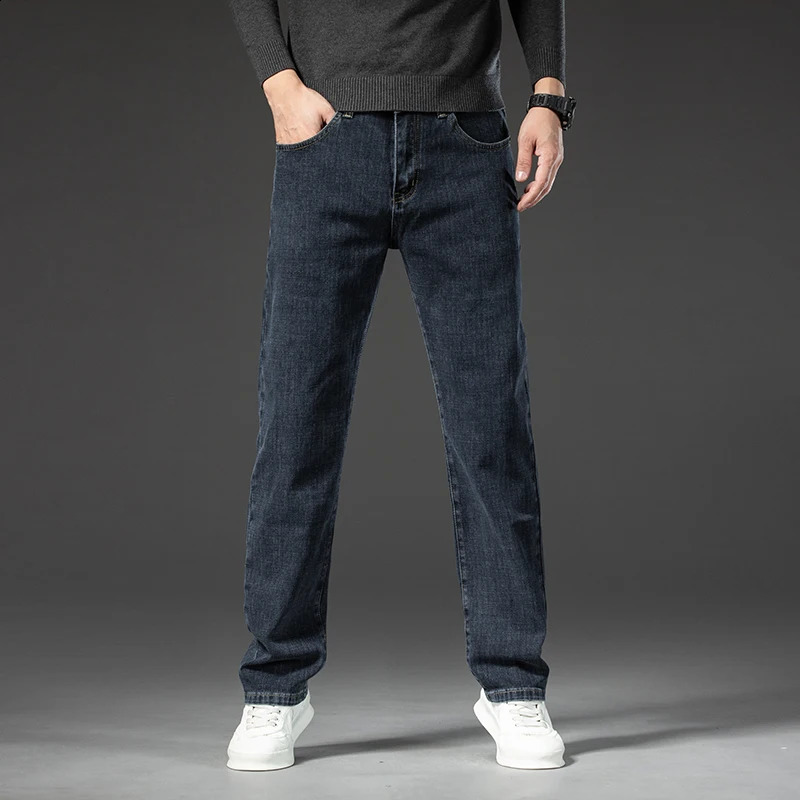 Big 40 42 44 Mens Loose Straight Jeans Spring Business Casual Stretch Trouser Smoke Grey Jeans 240829