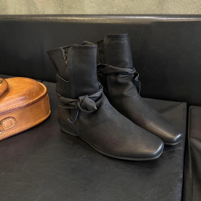 Women's bow retro slimming western flat boots