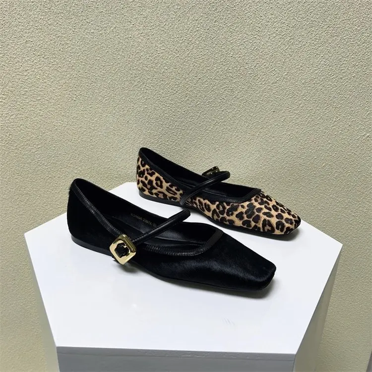 Women's Flat Shoes Round Toe Leopard Print Casual Shoes Ladies Breathable Slip-on Outdoor Soft Mary Jane Shoes 2024