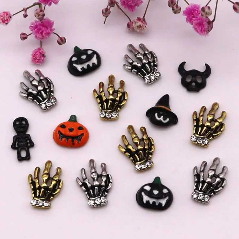10 pieces/pack Metal Halloween nail decoration pumpkin skeleton spider skull shiny rhinestone charm nail accessories W240829