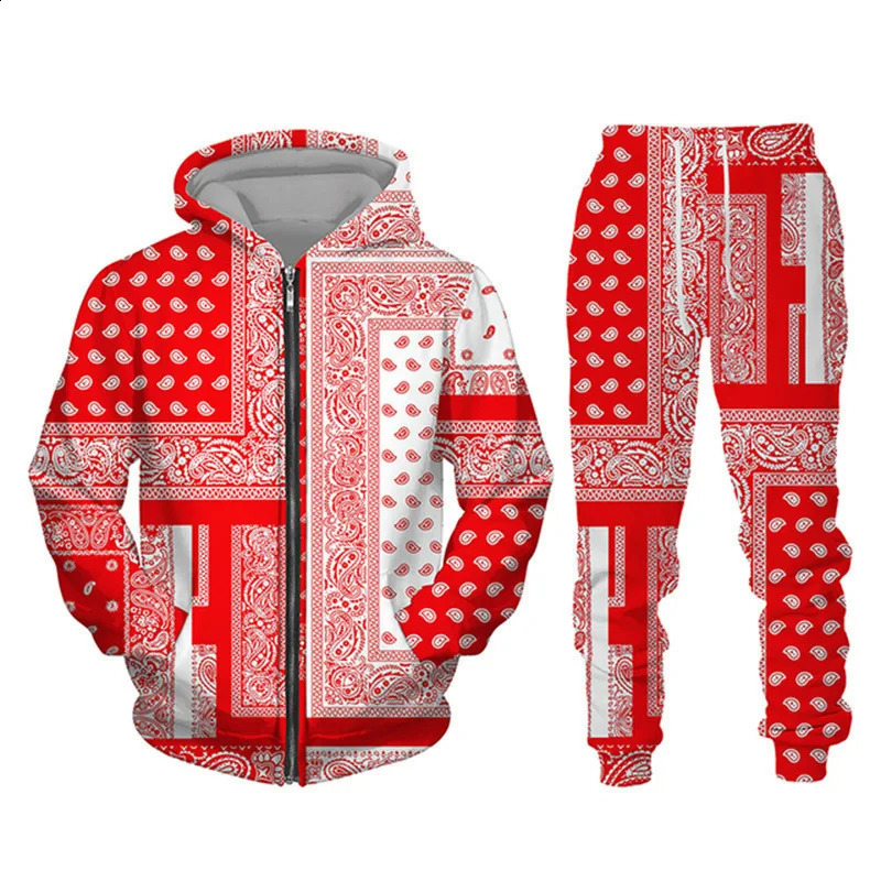 3D Bandana Printed Zipper HoodiePants Set Cool Mens/Womens 2-piece Sportswear Track Set Autumn/Winter Mens Wear 240829