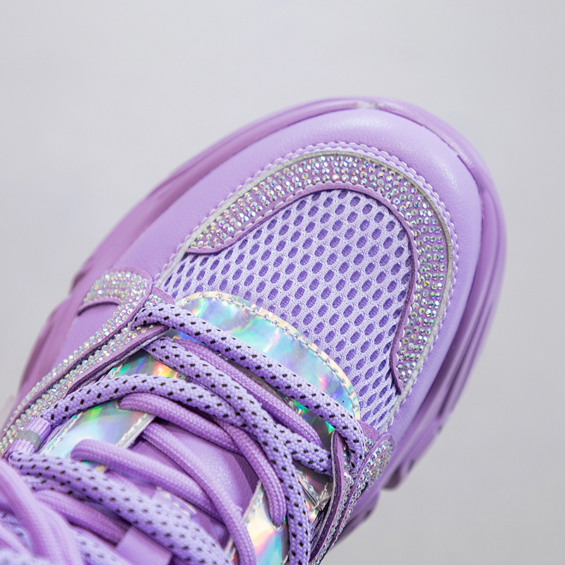 High Quality Women Chunky Sneakers 2024 Fashion Purple Sport Shoes Luxury Bling Rhinestone Women's Casual Tennis Shoes Ladies PU