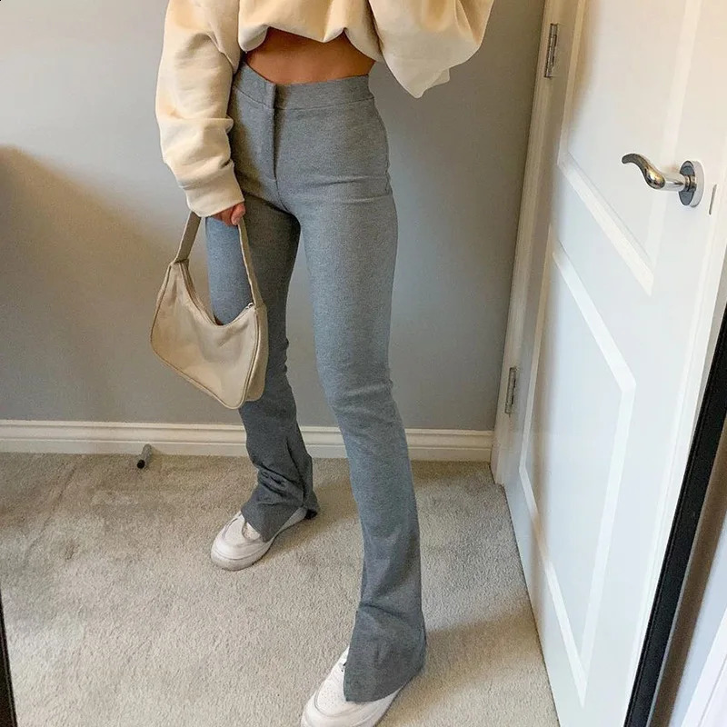 BOOFEENAA Street Style Split Sports Pants Womens High Waist Shining Y2k Solid Color Cotton Black Brown Running C84CG31 240827