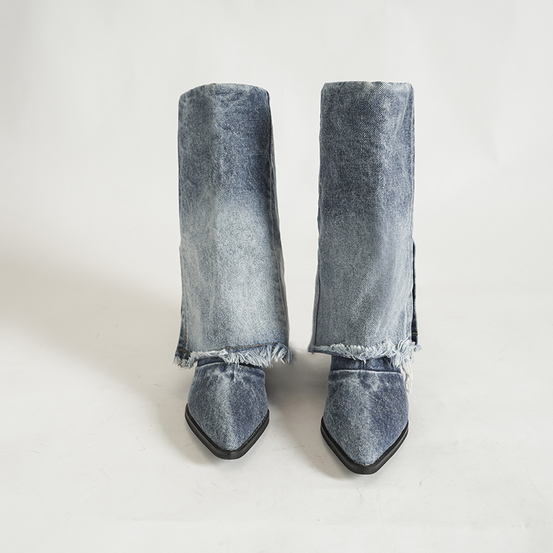 Shoes Women Brand Short Ladies Boots Pointed Toe Square High Heel Mid Calf Fold Booties Bottes 1103