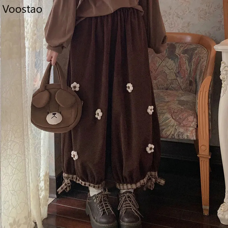 Japanese Sweet Flower Corduroy Wide Leg Casual Pants Women Vintage Cute Loose Trousers Girls Haruku Sweatpants Kawaii Bloomers 240829