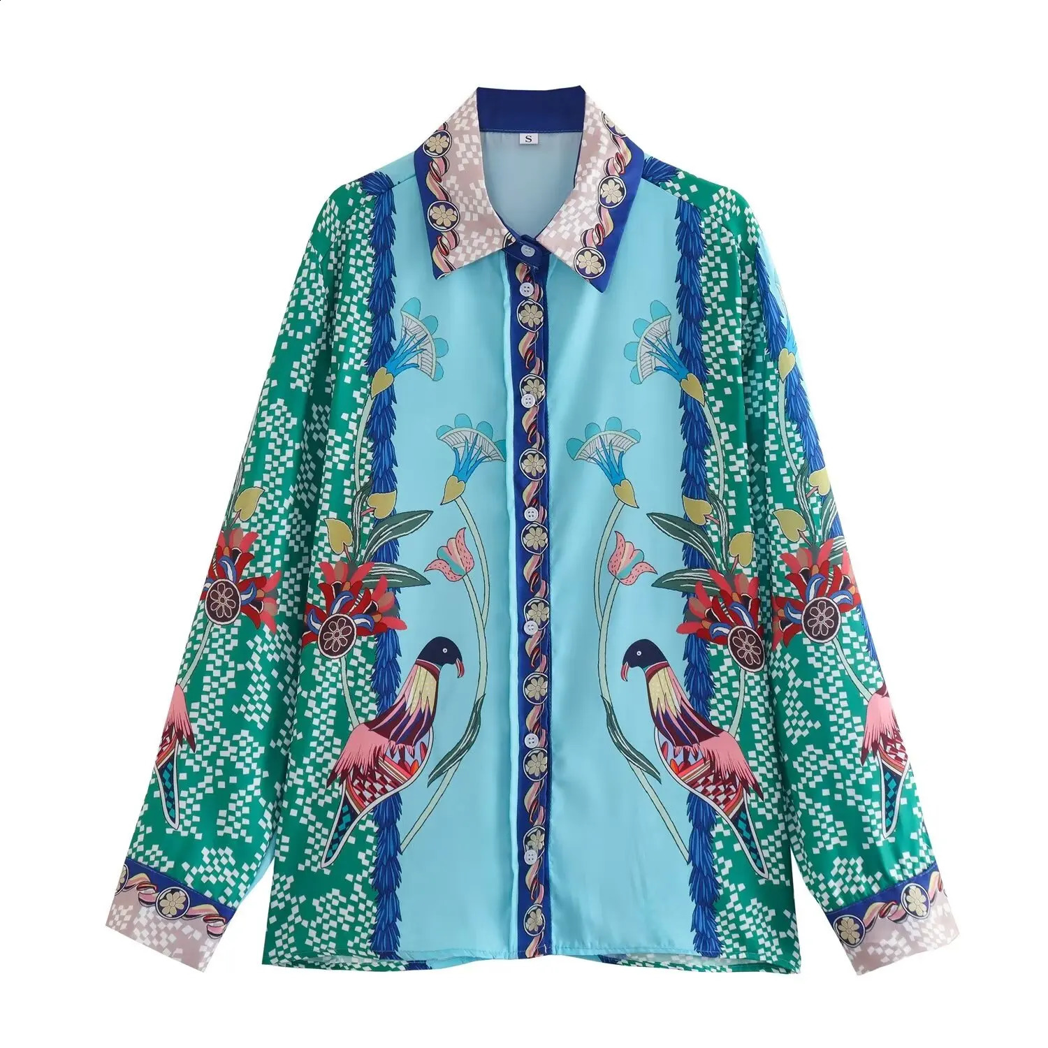 Womens European And American Style Retro Loose Positioning Printed Shirt High Waist Slim Straight Pants Twopiece Set 240829