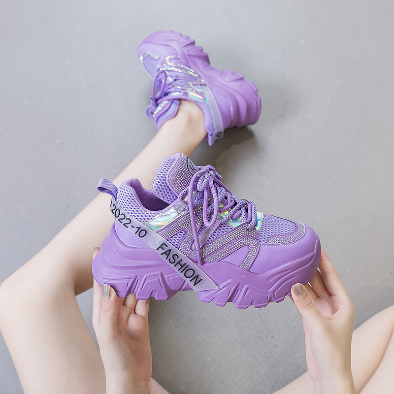High Quality Women Chunky Sneakers 2024 Fashion Purple Sport Shoes Luxury Bling Rhinestone Women's Casual Tennis Shoes Ladies PU