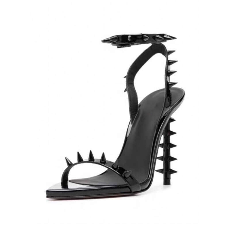 Arden Furtado 2024 Summer Women's Pointed Open Toe Rivets Chunky Heels High Heel Buckle Strap Sexy Gold Sandals Party Shoes