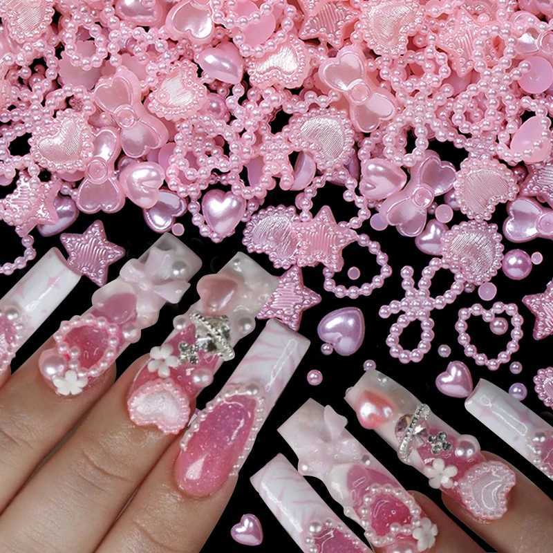 100 pieces of pearl pink bow heart-shaped mixed nail decoration Kawaii nail art charm star butterfly DIY nail accessories W240829