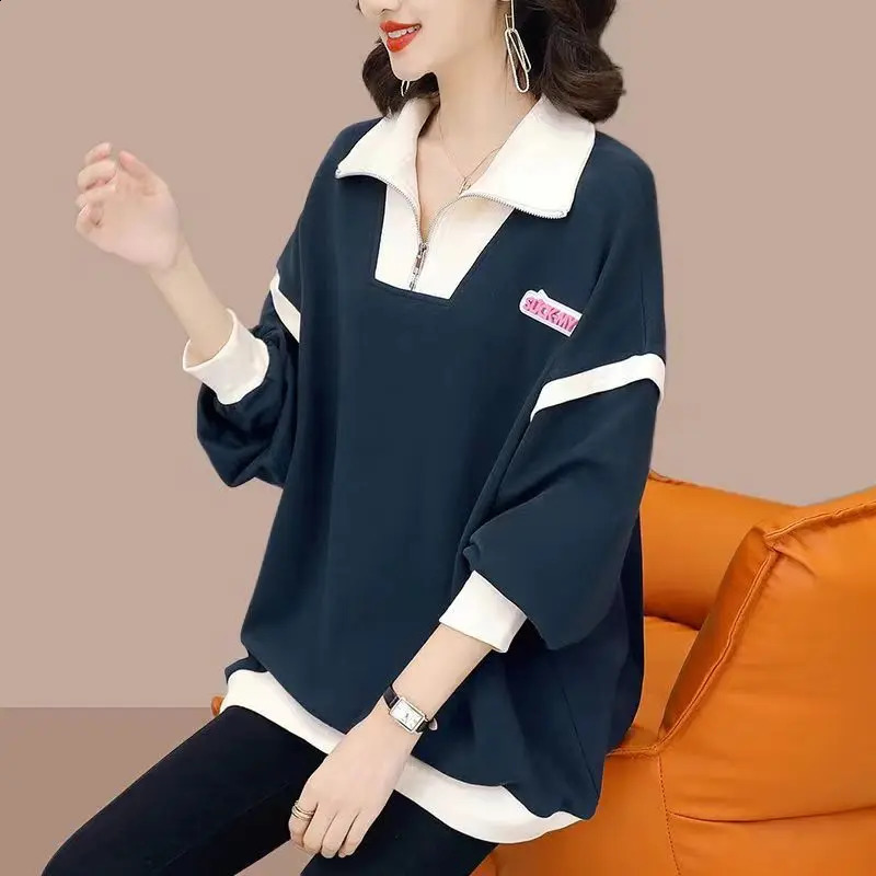 Womens fashion patch work casual street clothing oversized sportswear womens decal half zipper long sleeved top 240827