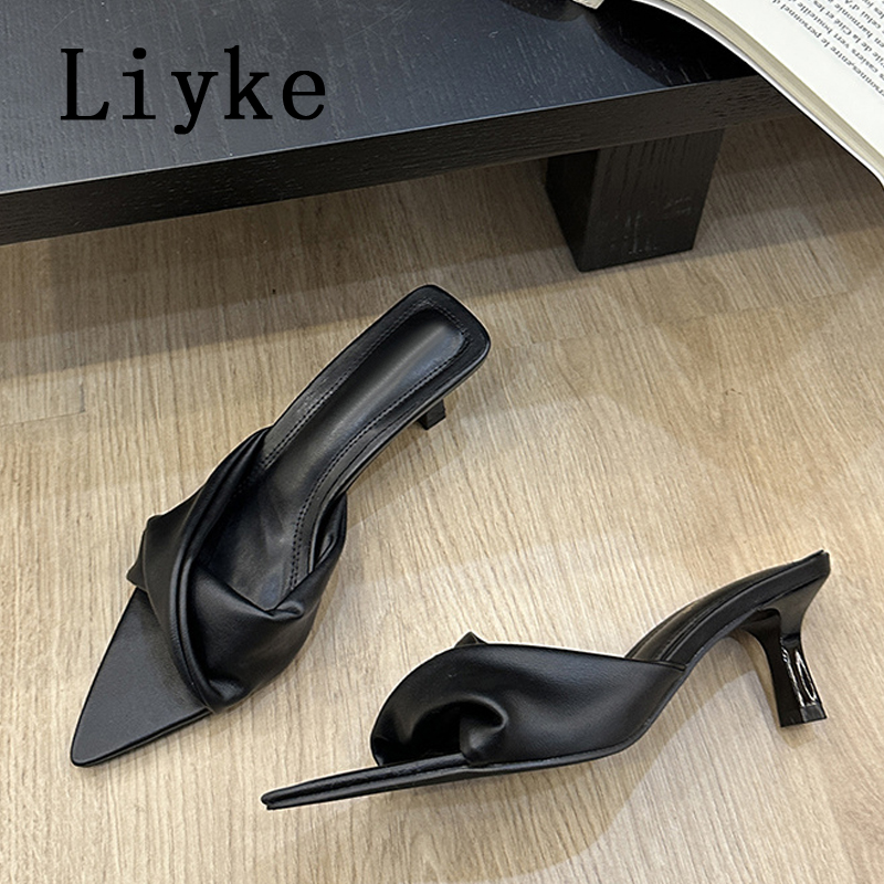 Liyke Fashion Design Pleated Blue Denim Women Slippers Cozy Mules Low Thin Heels Slides Shoes Pointed Open Toe Gladiator Sandals