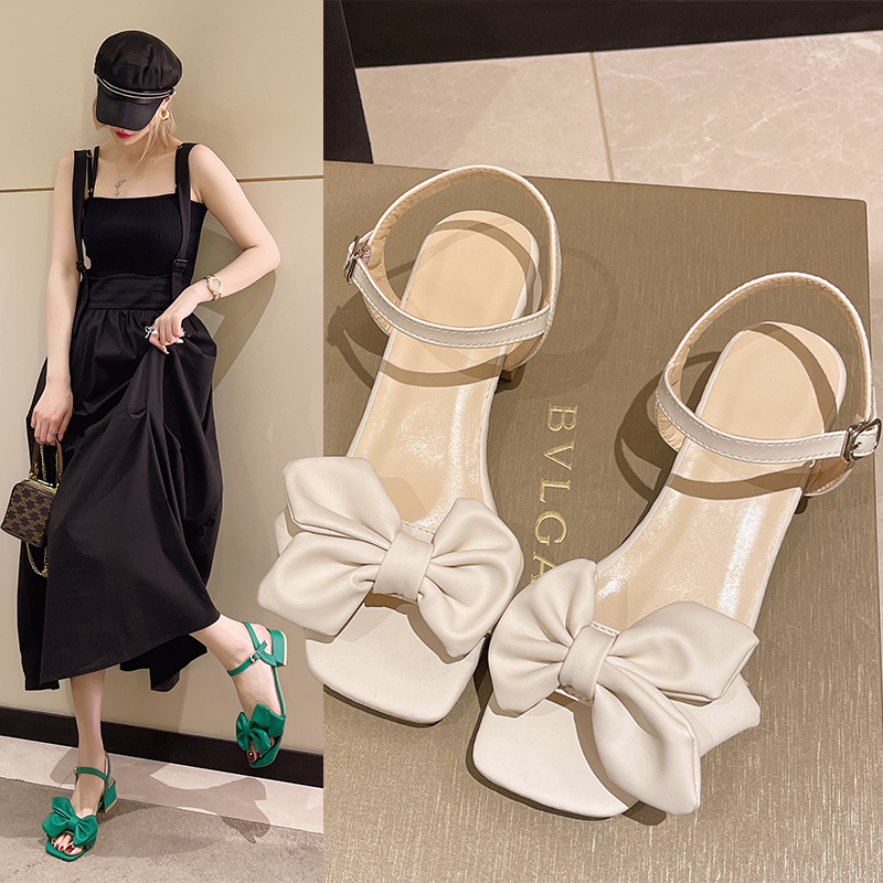 Large Solid Color Open-toe Sandals Women 2023 Summer New One-e Buckle Fashion Temperament Bow Knot Comfortable Women's Shoes