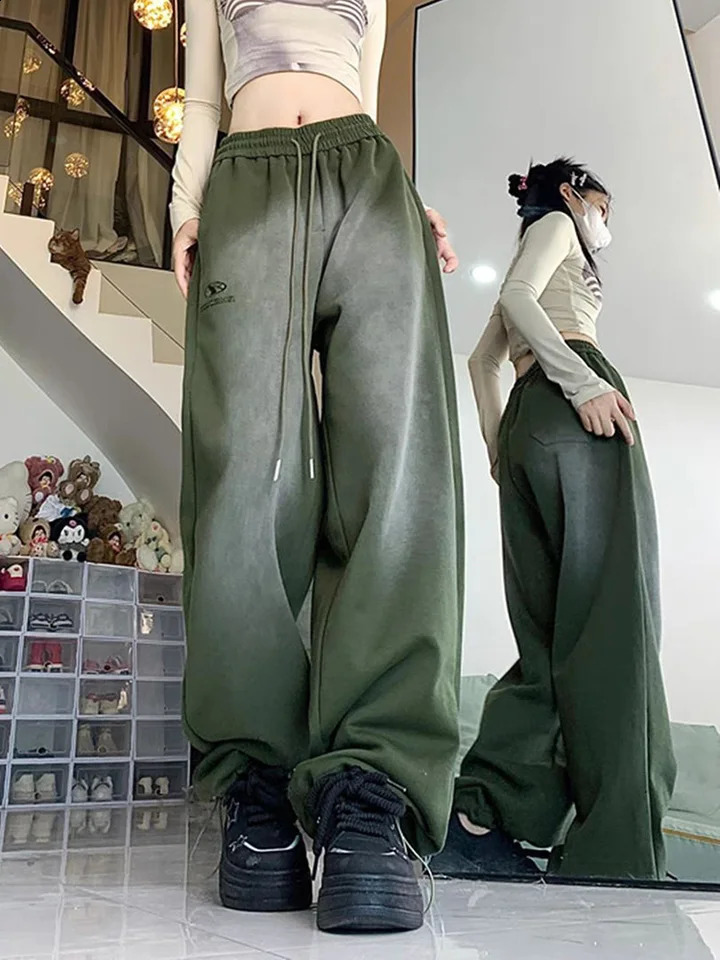 Zoki Vintage Y2K Sports Pants Womens Harajuku Street Clothing High Waist Letter Trouser Autumn American Casual Lace Bf Hip Hop 240827