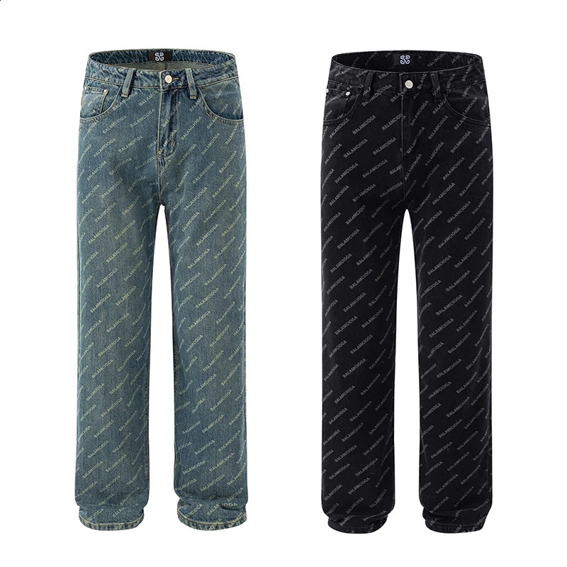 Hip hop fashion letter printing mens jeans couple loose straight style personalized young Korean pants mens clothing 240829