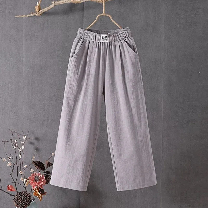 Xpqbb Summer Cotton and Linen Pants Women Casual Loose Elastic Waist Straight Trousers Female Vintage Solid Color Wide Leg Pants 240829
