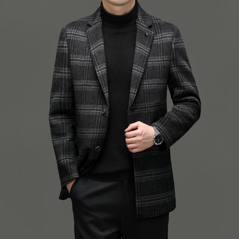business casual Italian style fashion host travel plain weave wool medium long wool coat fully matched casual mens jacket 240829