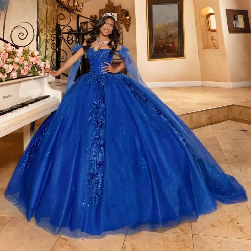 Royal Blue Ball Gown Quinceanera Dresses Off The Shoulder Appliques Lace 3D wers Tull Corset Sweet 16 Dress Vestido De 15 Anos