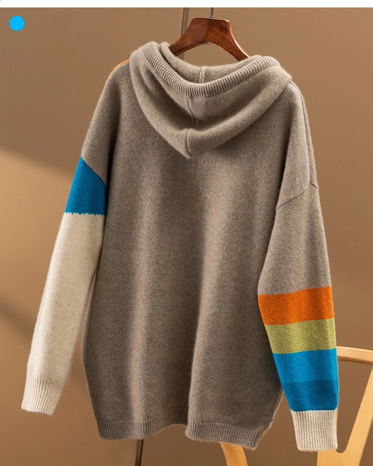 AutumnWinter Rainbow Inlaid Loose Thick Hoodie 100% Pure Cashmere Sweater Womens Long Sleeve 240827
