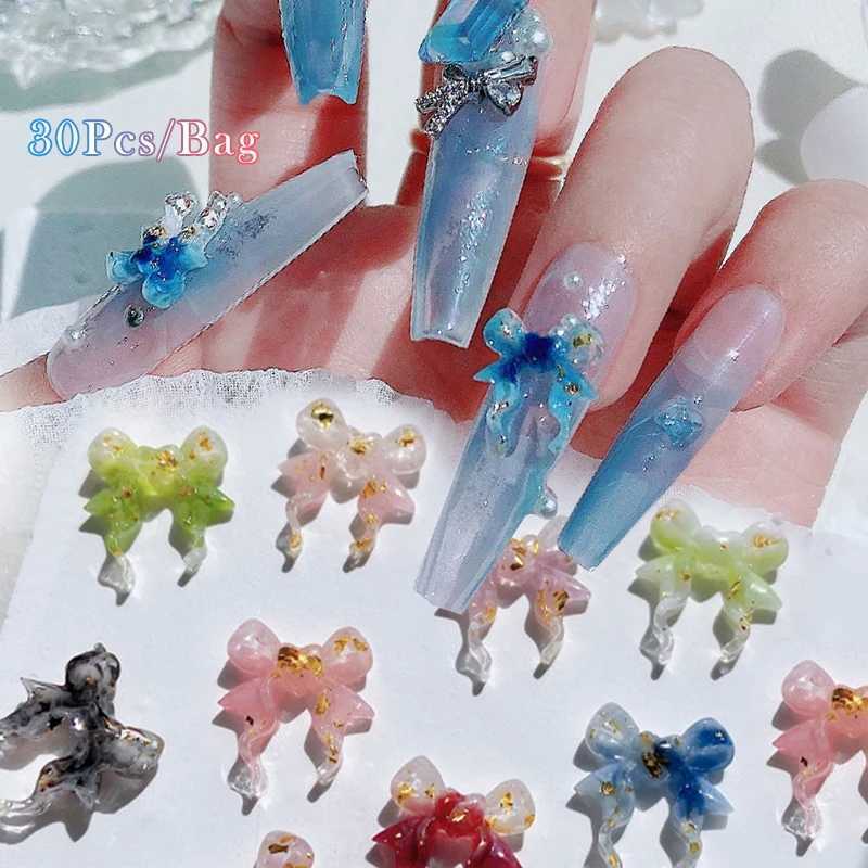 30 pieces of colorful gradient bow 3D nail decoration mixed with gold foil nail charm spring Kawaii DIY nail art accessories handmade W240829