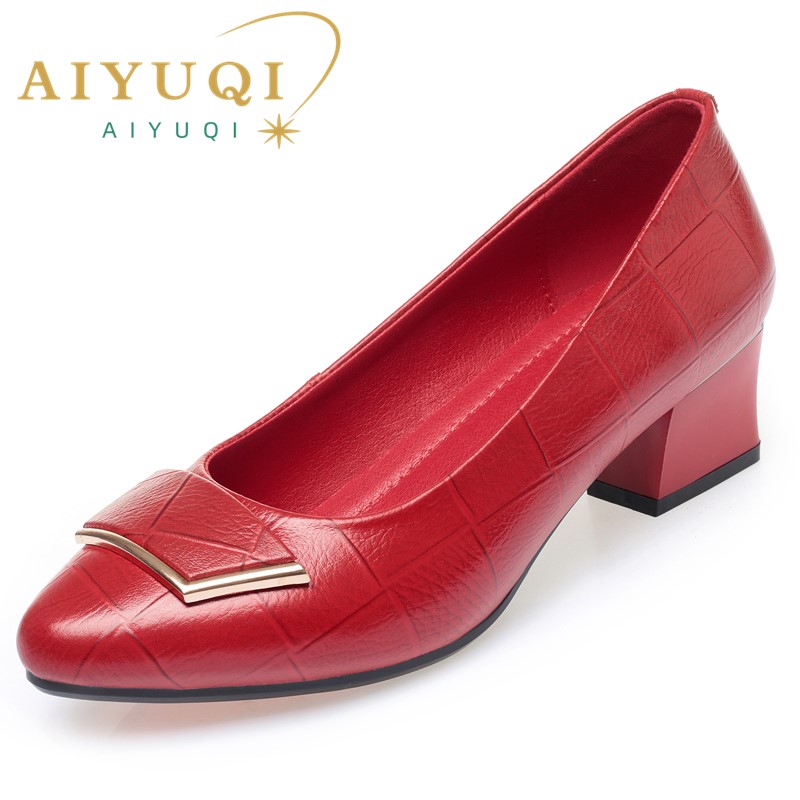AIYUQI Dress Shoes Women Genuine Leather Large Size Mid Heel Women Spring Shoes Fashion Red Office Work Shoes Women