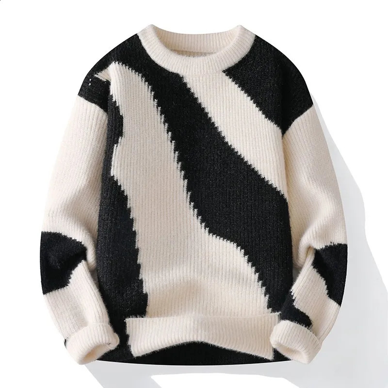Mens Knitted Sweater Hardcore Winter Warm Hoodie Round Neck Loose Letter Solid Color Sweater Thick Casual Top 240829