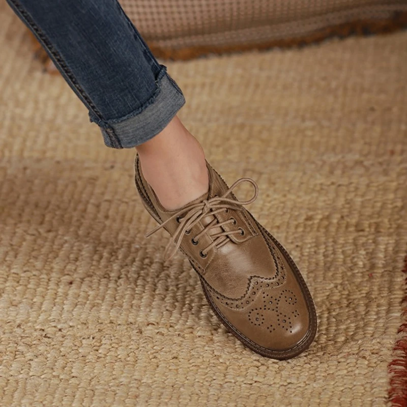 Spring Autumn Women Oxford Flats Shapes Brogues Genuine Leather Office Outsole Mole Female Ballet Derby Shoes Ladies a27f