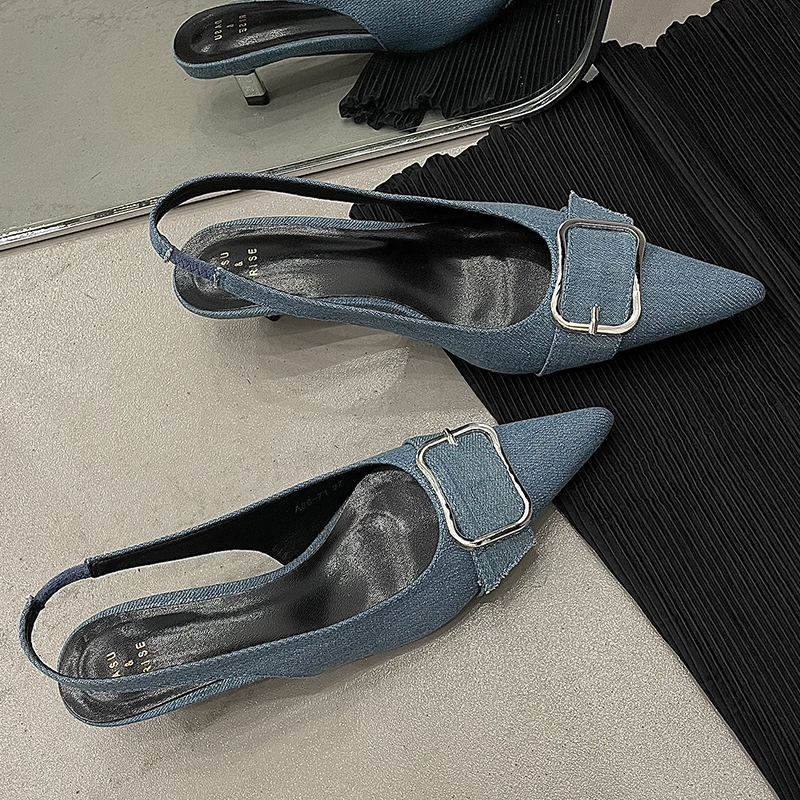 Fashion New Metal Sier Women In With Low Heel Slides Pointed Toe Ladies Heels Shoes Buckle Female Sgbac Sandals New 1164 s