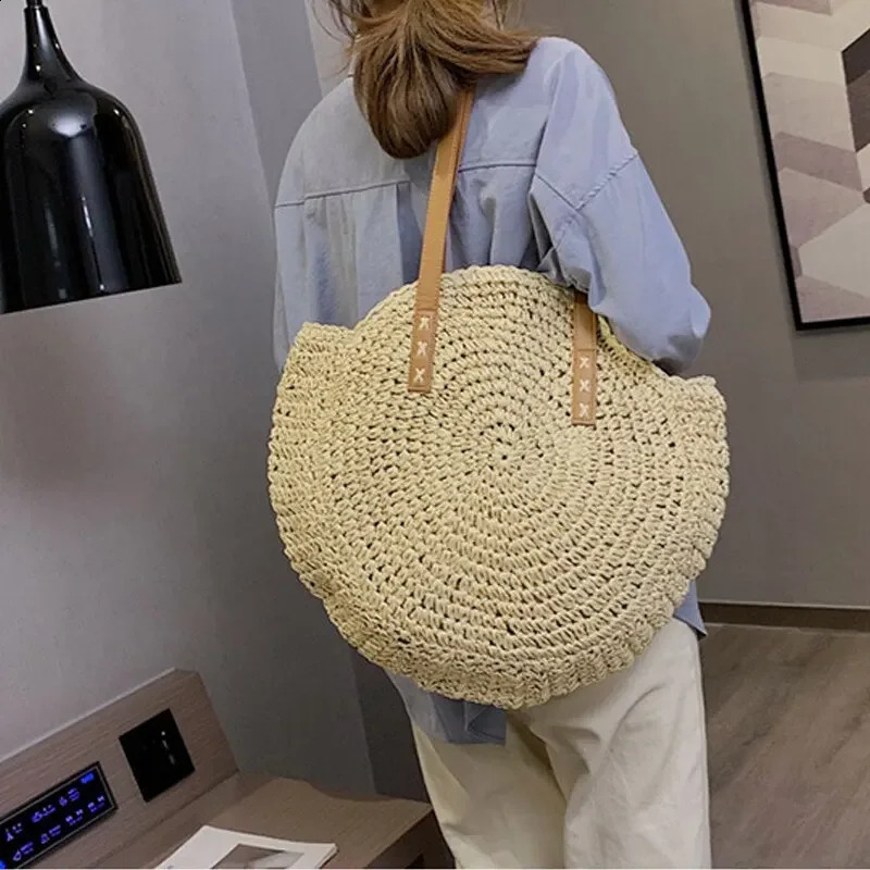Round grass beach bag vintage handmade woven shoulder Lafia round latan Bohemian summer vacation leisure 240830