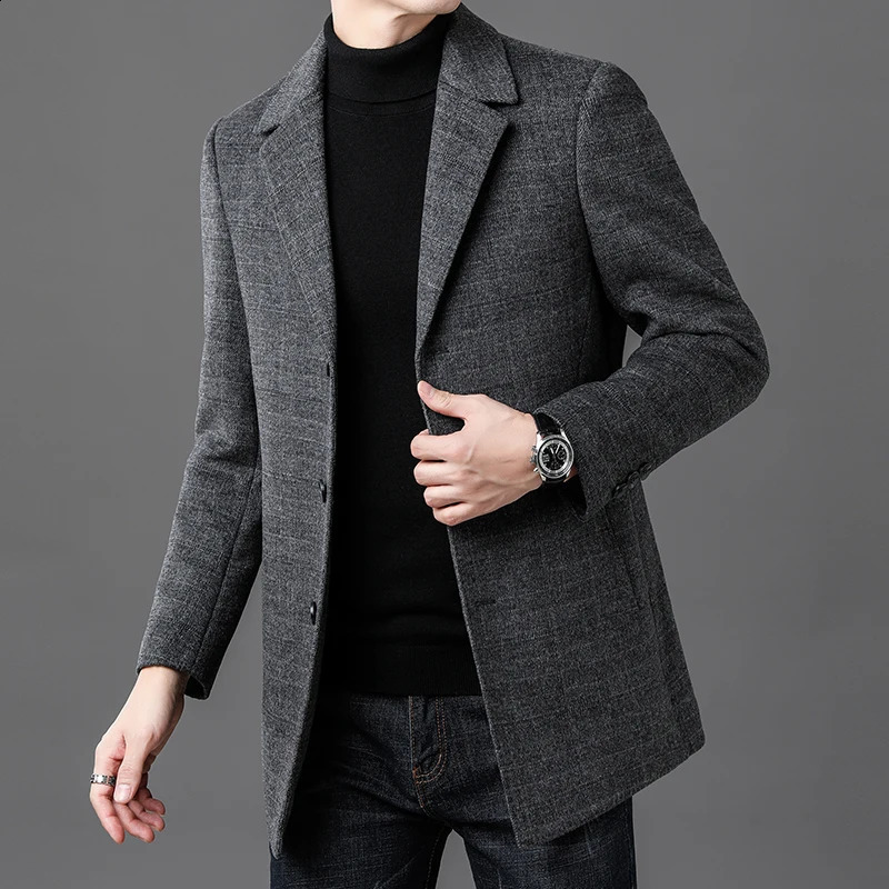 Classic mens gray striped wool coat autumn and winter business casual medium thick wool coat jacket warm and windproof 240829