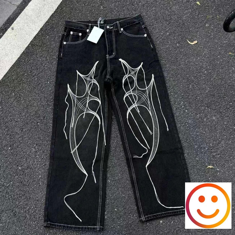 Washed Thug Club Embroidery Root fringe straight jeans mens and womens hip-hop casual high-quality black loose denim jeans 240829