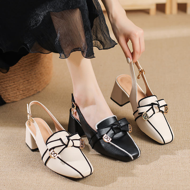 2023 New Summer French Retro High-heeled Genuine Leather Heels Lady Sandals Female Thick Heel Square Toe with Back Empty Shoes
