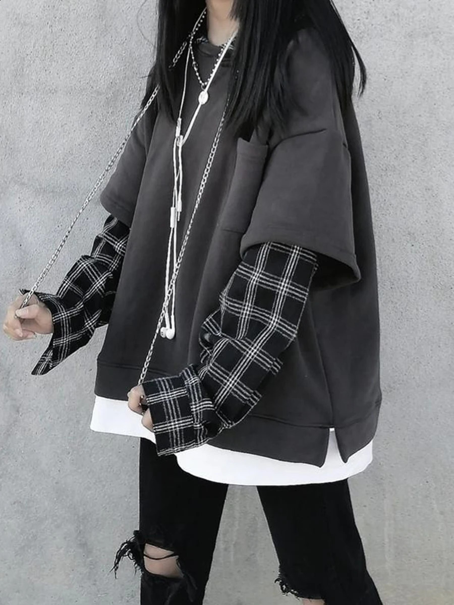 twopiece hoodie womens Harajuku plain weave sweatshirt Japan Kawaii casual zipper top gray oversized basic 240827