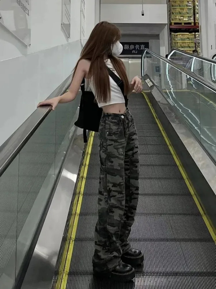 American street camouflage casual womens jeans Y2k EGirl high waist straight triple pants spring loose wide leg 240827