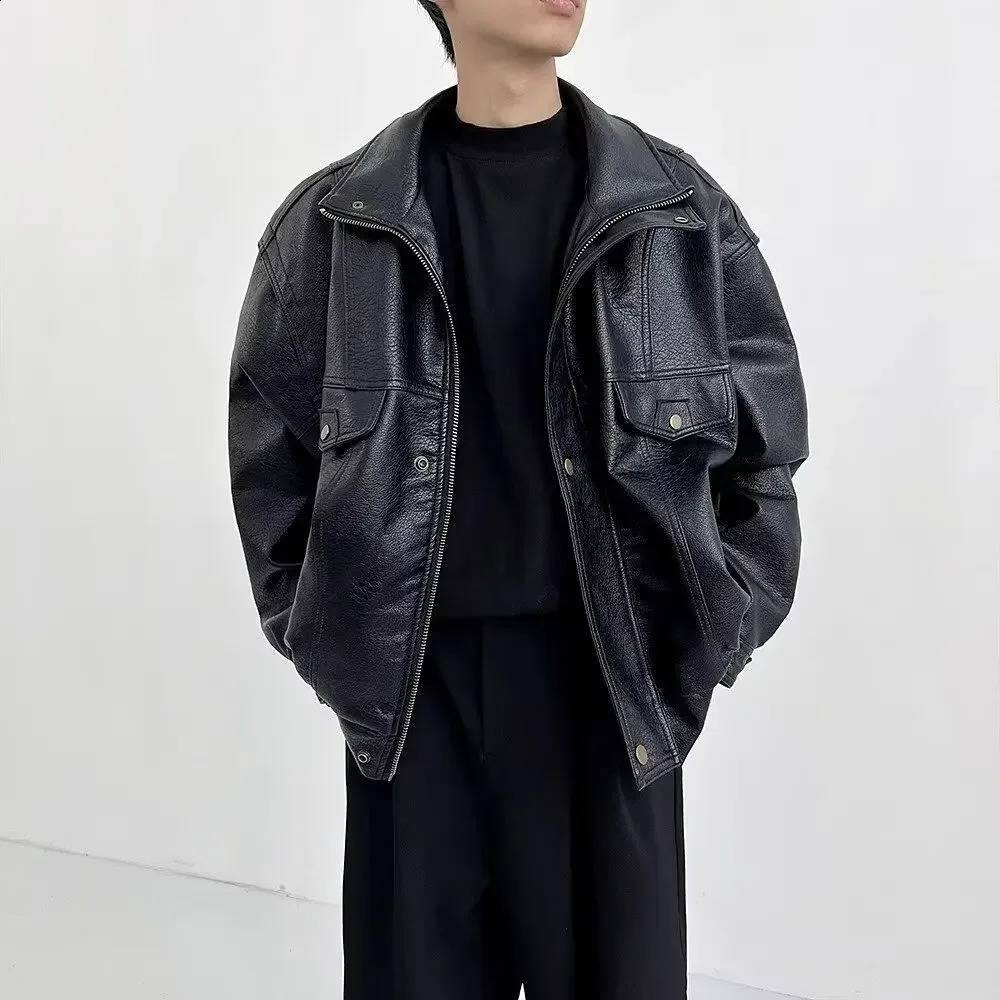 Vintage Casual Loose-fit Pu Leather Jacket For Men American Style Biker Clothing Heavy Duty Sensibility Jacket 240830