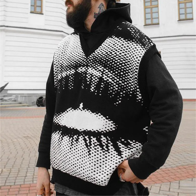 Fashion Knitted Vest Mens Winter V-neck Sleeveless Vest Gothic Jacquard High Quality Y2K Knitted Sweater Womens Clothing 240829