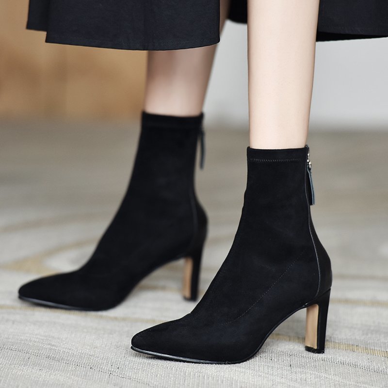 Winter 2020 Autumn Women Ankle Boots Faux Suede High Heels Dress Black Pointed Toe Ladies Shoes Fashion Botas Mujer 9222
