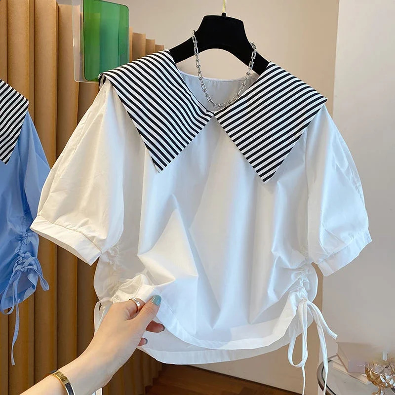 Korean Fashion Blouses Striped Contrast Color Draw String Peter Pan Collar Shirts Summer Short Sleeve Casual Loose Women Tops 240830