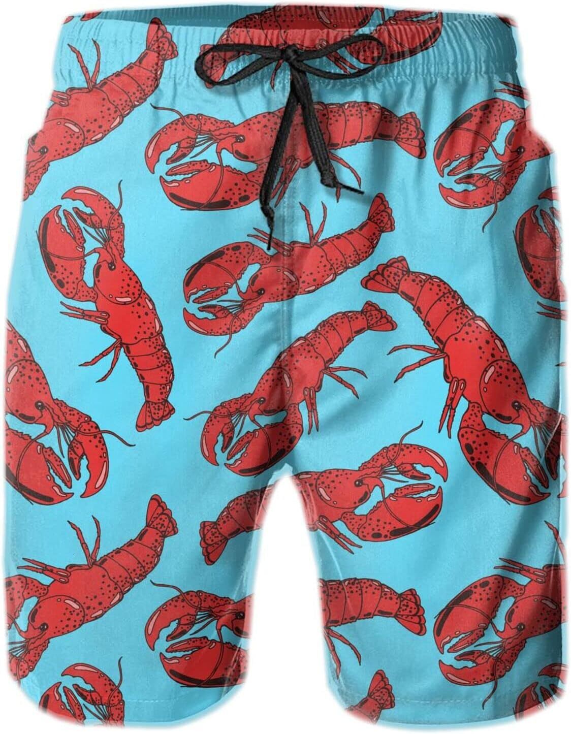 Mens Shorts 3D Printing Pattern Red Cooked Lobster Swim Trunks Quick Dry Fashion Beach Board Swimwear
