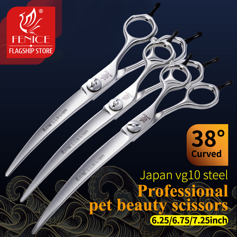 Fenice JP VG10 Steel 6.25 6.75 7.25 inch 38°Curved Blade Pet Dog Grooming Scissors Shears Pet Curved Scissors Dogs Products