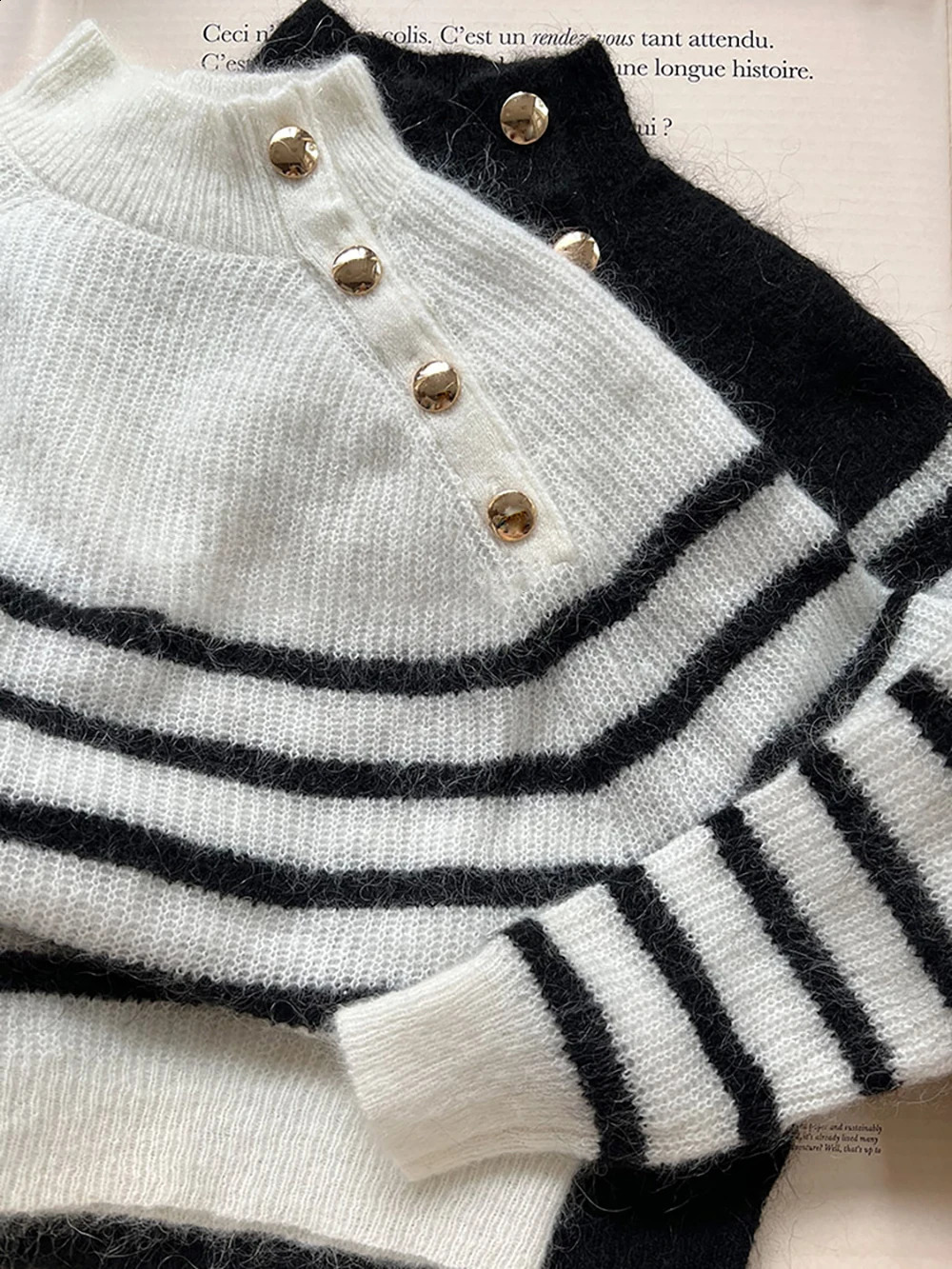 ZESSAM Stripe Jacquard Knit Pullover Half Turtleneck Long Sleeve Button Loose Female Sweater Casual Cozy Lady Top 240827