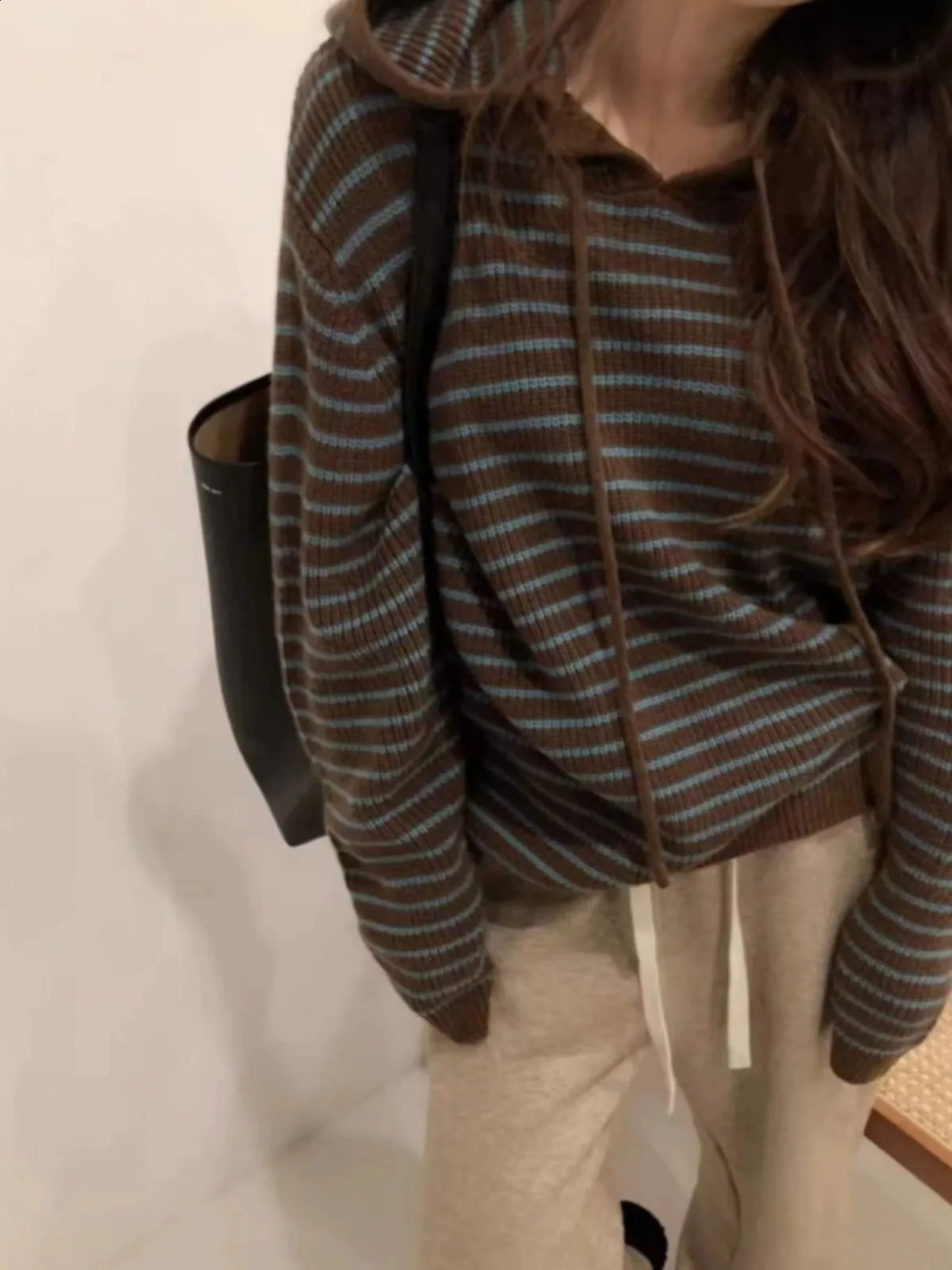 Western striped pure cashmere hoodie sweater for womens winter loose wool bottom 240827
