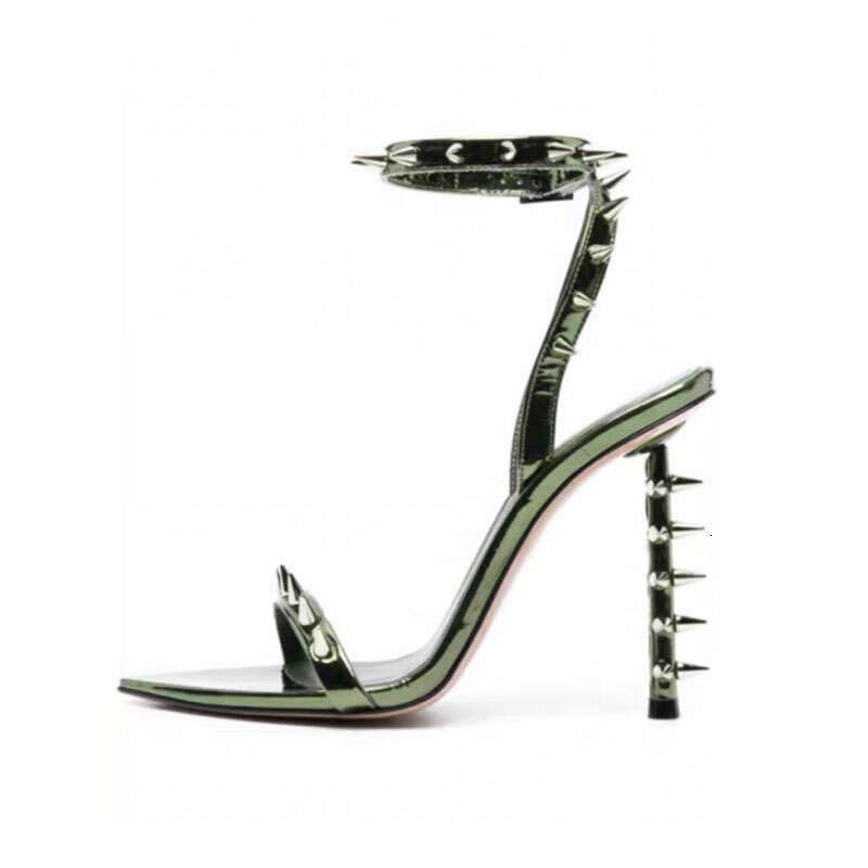 Arden Furtado 2024 Summer Women's Pointed Open Toe Rivets Chunky Heels High Heel Buckle Strap Sexy Gold Sandals Party Shoes
