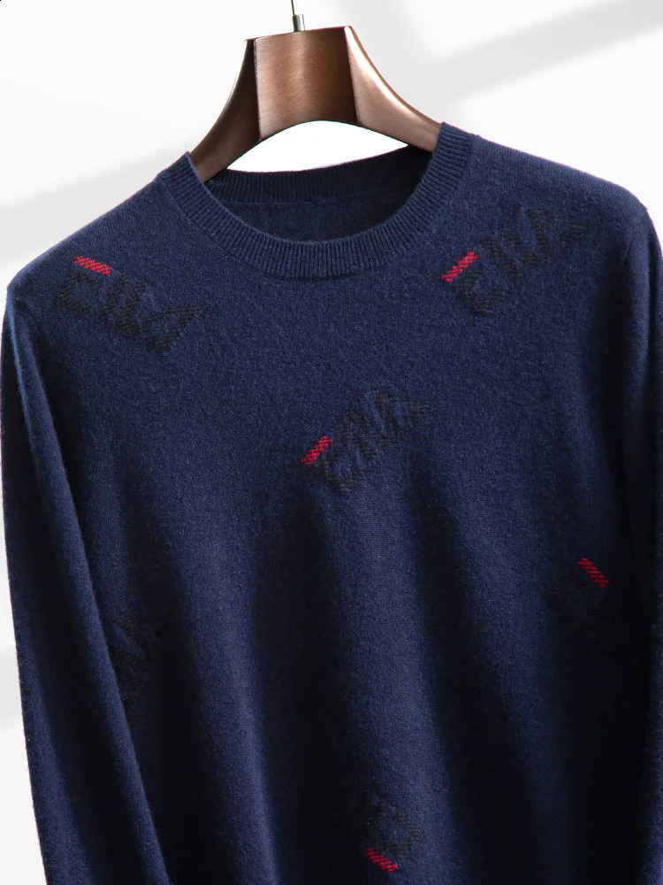 ANGEL Mens O-neck Shirt 100% Cashmere Knitted Lanhua Letter Jacquard Sweater Autumn/Winter Casual Long Sleeve Clothing 240829