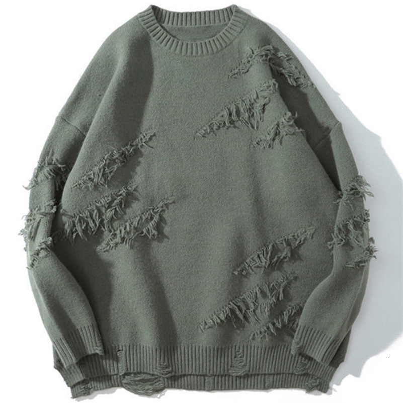 Retro sweater hip-hop Harajuku mens clothing street wear latte art oversized sweater torn solid color hole wool knitted top 240829