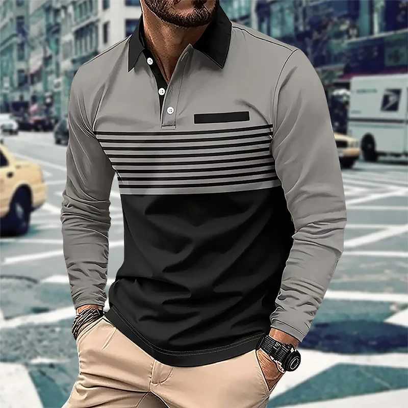 Mens Business and Leisure Long Sve T-shirt with 3D Stripe Printing for Spring and Autumn Comfortable and Breathable W241106