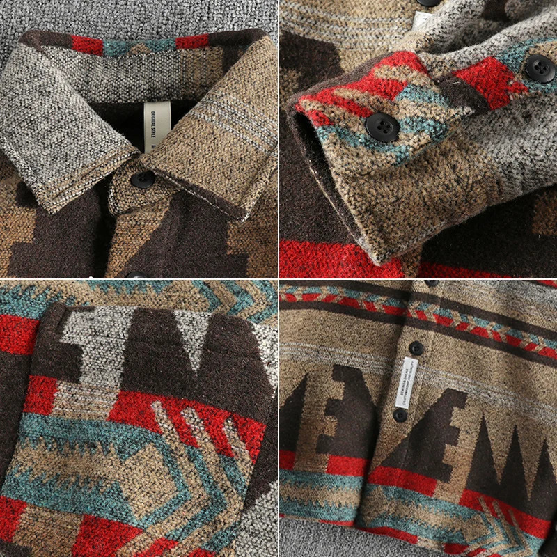 Heavy duty retro tribal pattern wool fabric long sleeved shirt mens autumn and winter thick warm American casual jacket 240829