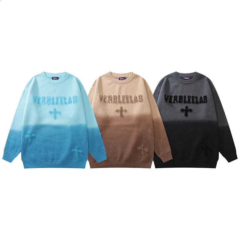 Mens Street Clothing Sweater Retro Alphabet Cross Flocking Hip Hop Knitted Sweater Retro Pullover Casual Cotton Sweater Hipster 240829