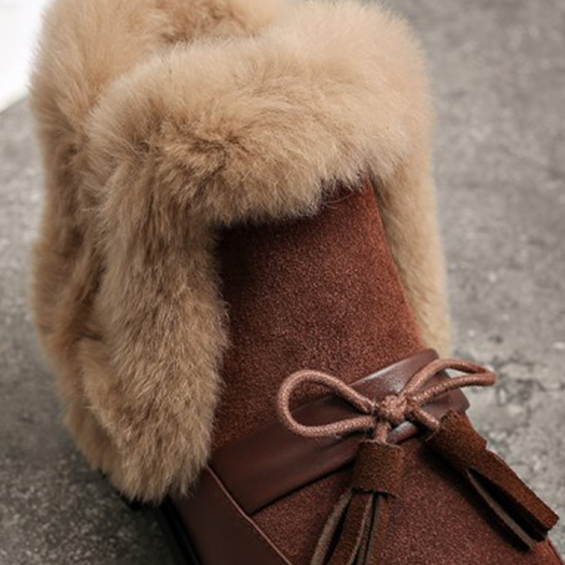 winter 2020 ankle round toe low heel short plush warm women boots bowknot genuine leather women's shoes d4c1 's