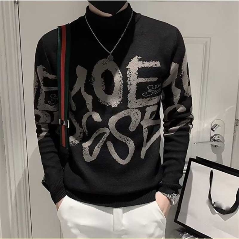 Fashion stand collar fully matched letter sweater mens clothing autumn winter loose knit casual floral top Korean top 240829